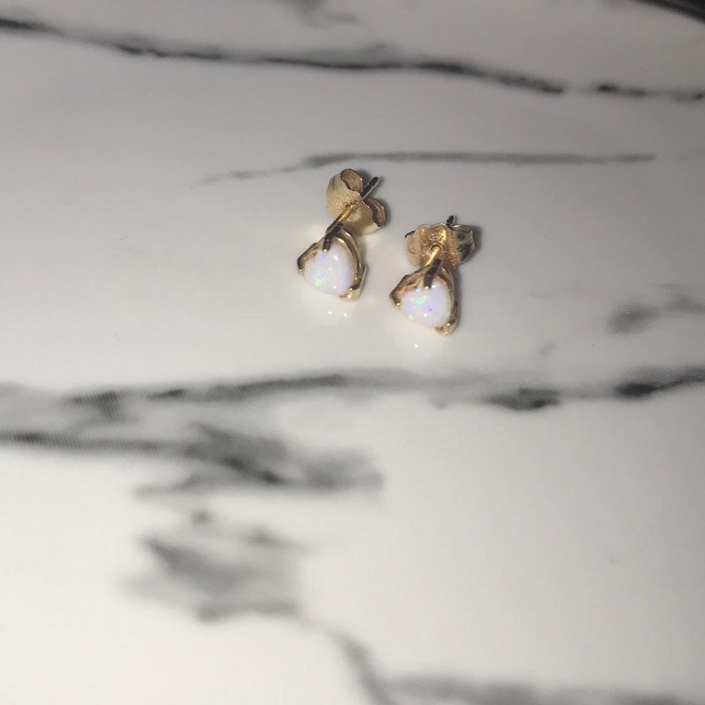 Heart Shaped Opal Stud Earrings - 14K Gold